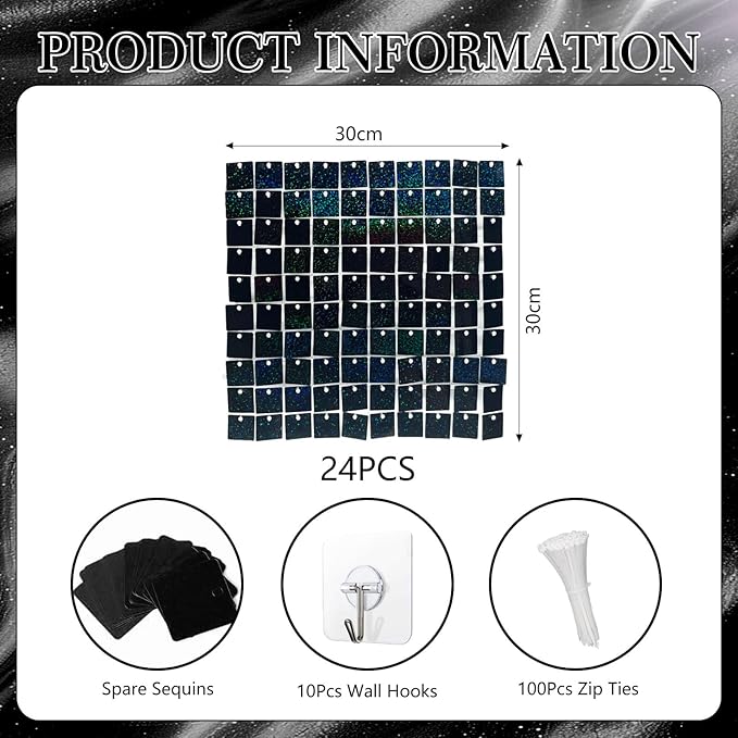 24PCS Black Shimmer Wall Backdrop, Laser Square Sequin Photo Backdrops Panel, Glitter Wall Background for Birthdays, Weddings, Christmas, Engagements, Disco Bachelorette Party Decoration (4FTx6FT)