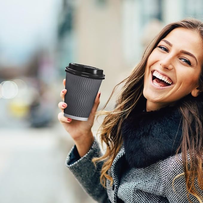 Disposable Paper Coffee Cups with Lids, 12 oz Gray, Pack of 100