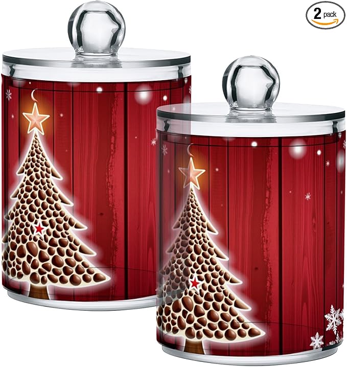 Gredecor Christmas Winter Qtip Holder Dispenser 2 Pack Christmas Tree Red Snowflakes Bathroom Decorative Storage Canister Holder Counter Vanity Organizer for Cotton Ball Swabs Pads Floss
