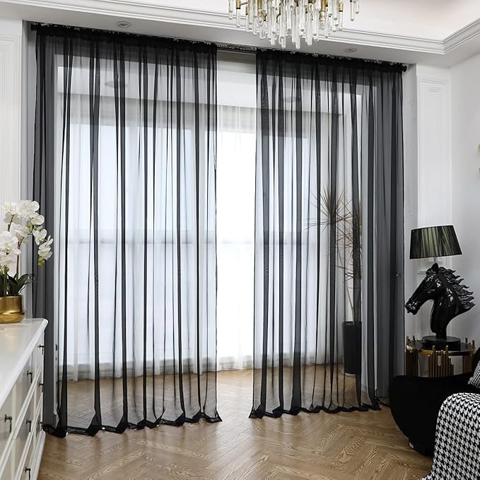 Window Black Sheer Curtains 60 Inches Width 63 Inches Long 2 Panels Sheer Curtain Clear Curtains Basic Rod Pocket Panel for Home Living Room Bedroom Kids Room Yard Patio Parlor Sliding
