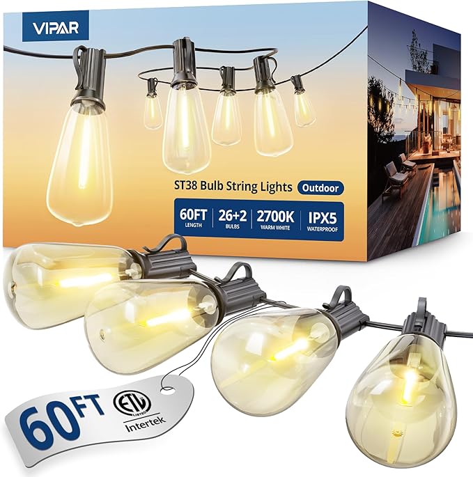 String Lights 60 ft Warm White 26-Bulb Patio Set, Shatterproof