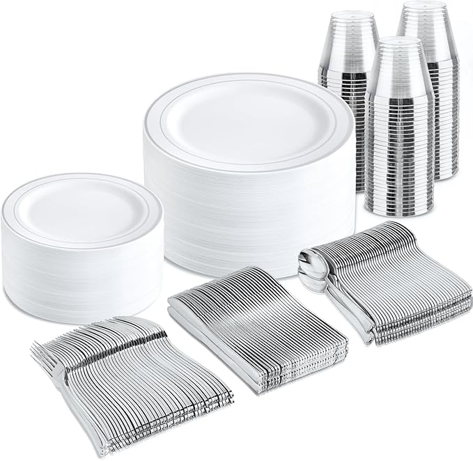 Plates Set with Silver Rim, White Plastic, 300 Pieces Total