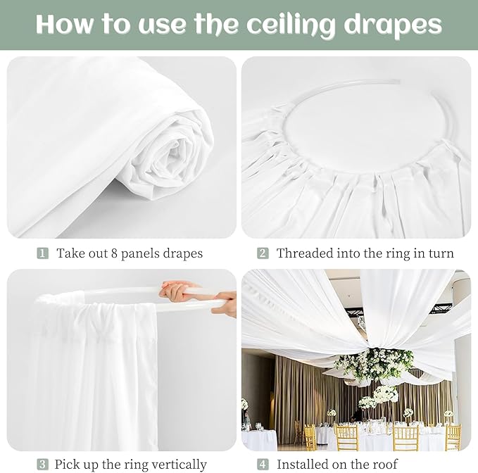 8 Panels White Wedding Ceiling Drapes 5ftx30ft Ceiling Drapes Chiffon Fabric Arch Draping Sheer Curtains Soft Drapery Draping Wedding Ceiling Decorations for Party Ceremony Stage Swag