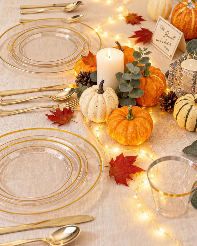 Plastic Plates Set, Clear Gold with Gold Trim, 300 Pieces