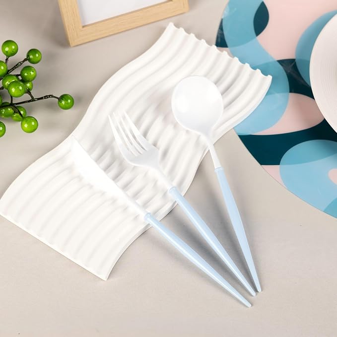 Disposable Spoons, Forks and Knives, 180 Piece White and Blue Set