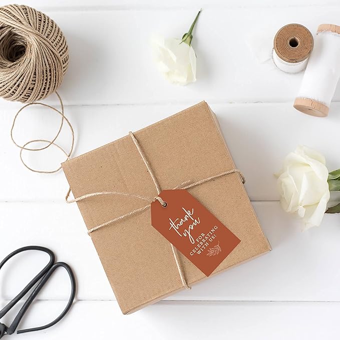 Andaz Press 100-Pack Thank You for Celebrating with Us Favor Tags Terracotta Cardstock Gift Tags with Bakers Twine for Wedding Baby Shower Bridal Shower Birthday Holiday Party Favors 2 x 3.75-Inches