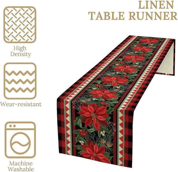 Christmas Table Runner,Seasonal Winter Xmas Holiday Plaid Table Cloth Kitchen Dining Table Decoration for Home Party Decor 13x120 Inch