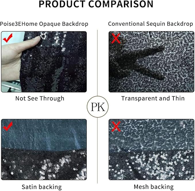 Poise3EHome 10Ft x 10Ft Black Sequin Backdrop Curtain, Glitter Thick Satin Background Drapes, Sparkly Opaque Photography Curtain, Sequence Xmas Thanksgiving Backdrop for Wedding Party Decor