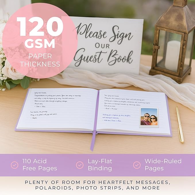Guestbook with 110 Lined Pages, Vegan Leather Cover, Lavender Purple