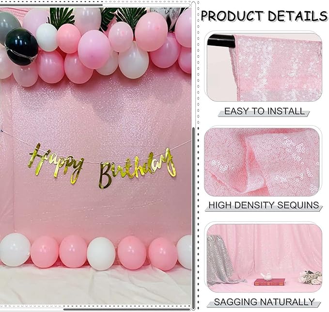 Sequin Backdrop Curtain 10 ft x 10 ft Pink, 3mm Glitter Sequins