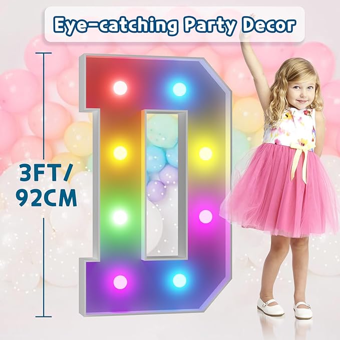 Light Up Marquee Letter D Sign, 3 ft Foam Board, 16 Colors with Remote