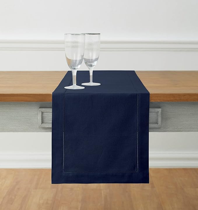 Solino Home Navy Blue Table Runner 108 Inches Long - Cotton Linen Hemstitch 14 x 108 Inch Table Runner for Dining, Fall, Autumn, Thanksgiving, Holiday