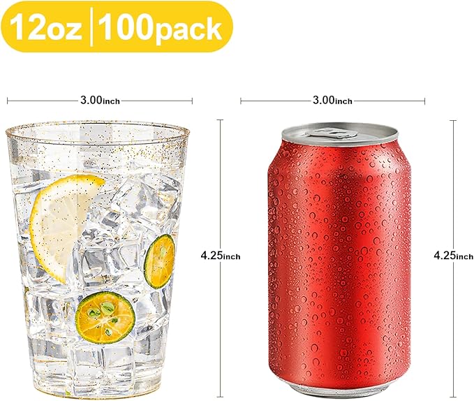 Disposable Cups, 12 oz Gold Glitter Plastic Party Tableware