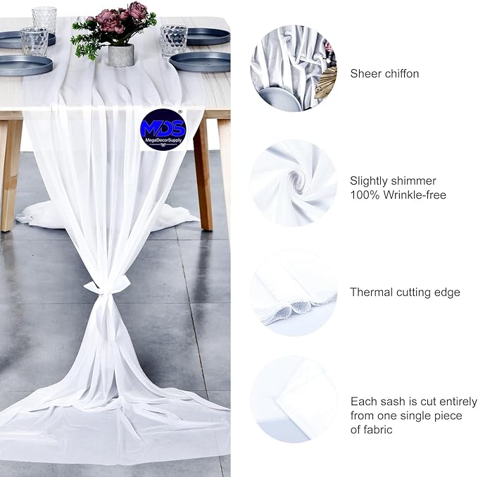 MDS 10 Pack 10ft Chiffon Table Runner 29 x 120 Inches Sheer Wedding Runner Romantic Rustic Table Runner for Wedding Decorations, Birthday Parties, Bridal Shower Party Arch Decor - White