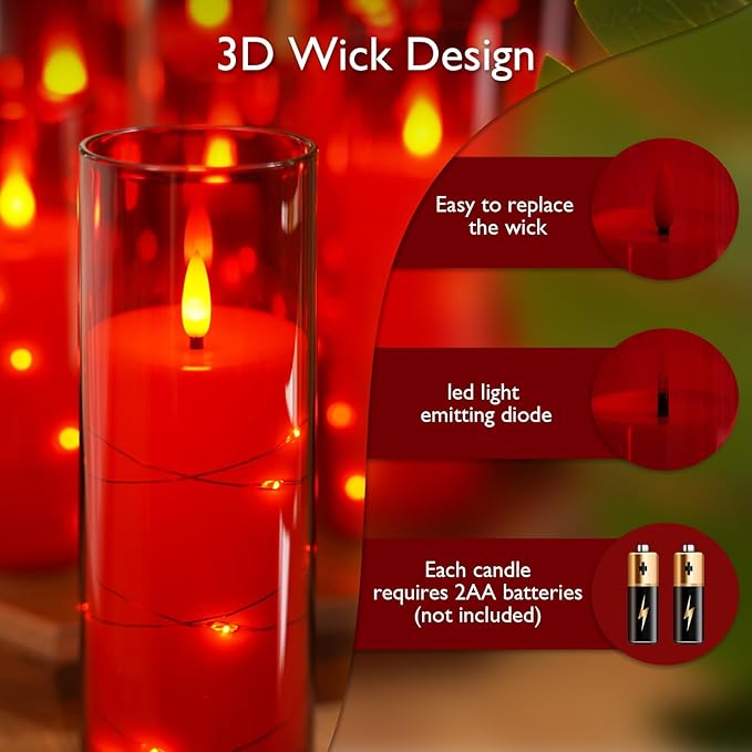 Raycare Flameless Candle with Remote Timer – 9 Flickering Acrylic Battery Operated LED Pillar Candles with Embedded Star String for Halloween, Home Decor, and as a Gift (Red)