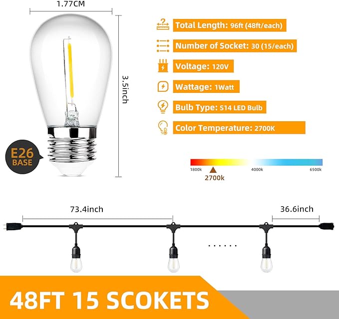 String Lights for Patio, 96 FT Black Wire LED Set with 30 Warm White Bulbs