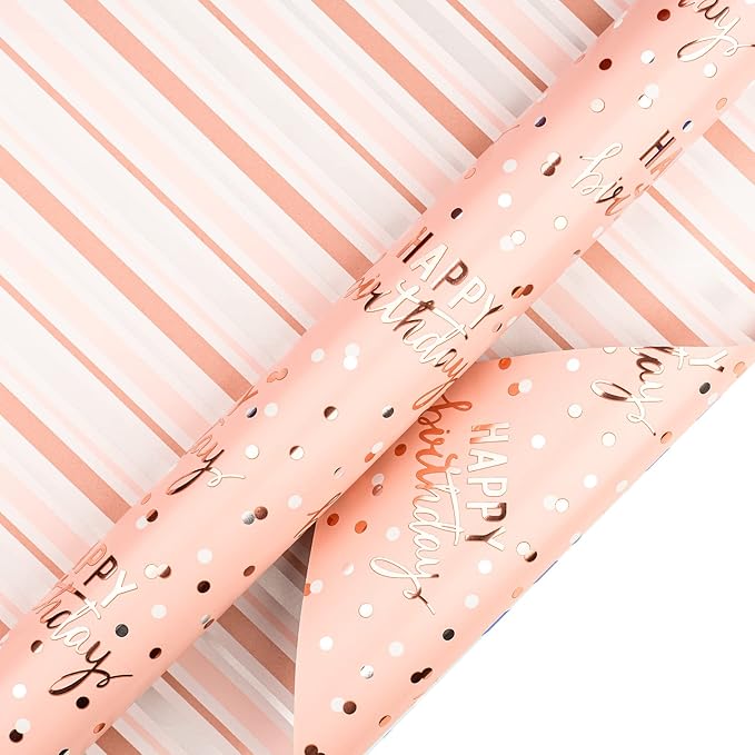 LeZakaa Reversible Pink Birthday Wrapping Paper Roll for Girls Women, Happy Birthday Lettering & Stripe Pattern with Metallic Foil in Pink, Mini Roll, 17 inches x 32.8 Feet (46.45 sq.ft.)