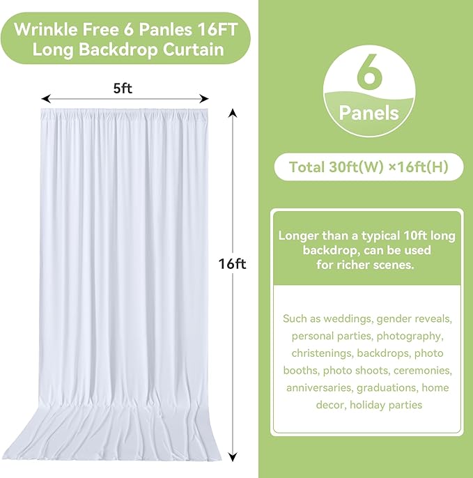 30ftx16FT Wrinkle Free White Backdrop Curtain, 6 Panels 16FT Height White Wedding Backdrop Drapes, Silky Polyester Back Drop Cloth for Birthday Photography Background Party Backdrop Draping