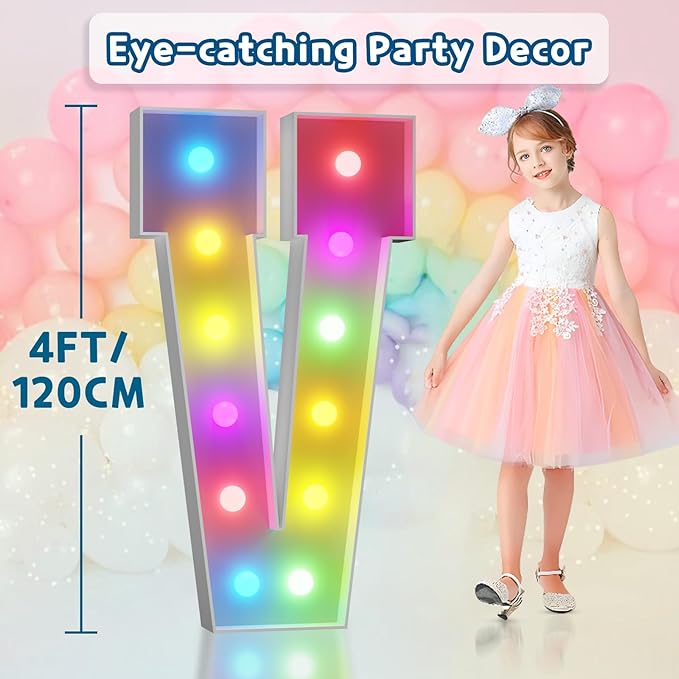 Party Decoration Light Up Marquee Letter V, 4 Ft Foam, 16 Colors