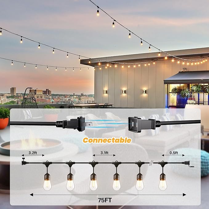 String Lights 75 ft Outdoor Patio, Dimmable, 2700K Warm White LED