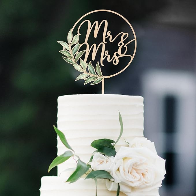 Non-Edible Wood Wedding Cake Topper Set, 12 Cupcake Toppers, Green Leaves