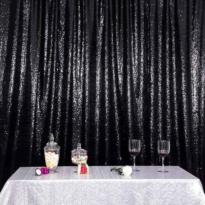 SquarePie Sequin Backdrop Less Transparent Background Sparkly Curtain for Wedding Halloween Party 4FT x 7FT Black