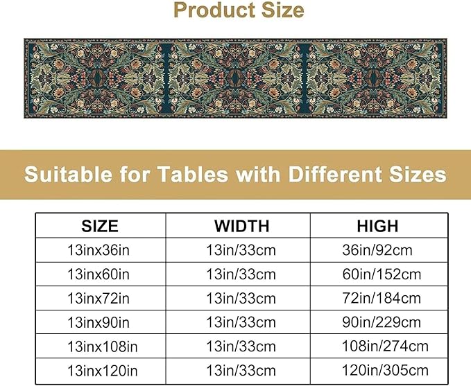 Green Morris Floral Table Runner, Boho Rustic Country Farmhouse Teal Red Rose Pattern for Home Kitchen Table Decor Dining Coffee Room Party Decor 13x72in