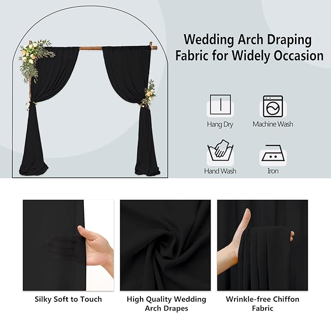 6 Panels Wedding Arch Draping Fabric 28 x 20Ft Chiffon Weddings Arch Drapes Chiffon Fabric Drape Sheer Backdrop Curtain for Wedding Party Ceremony Birthday Reception Swag Backdrop Ceiling Décor(Black)