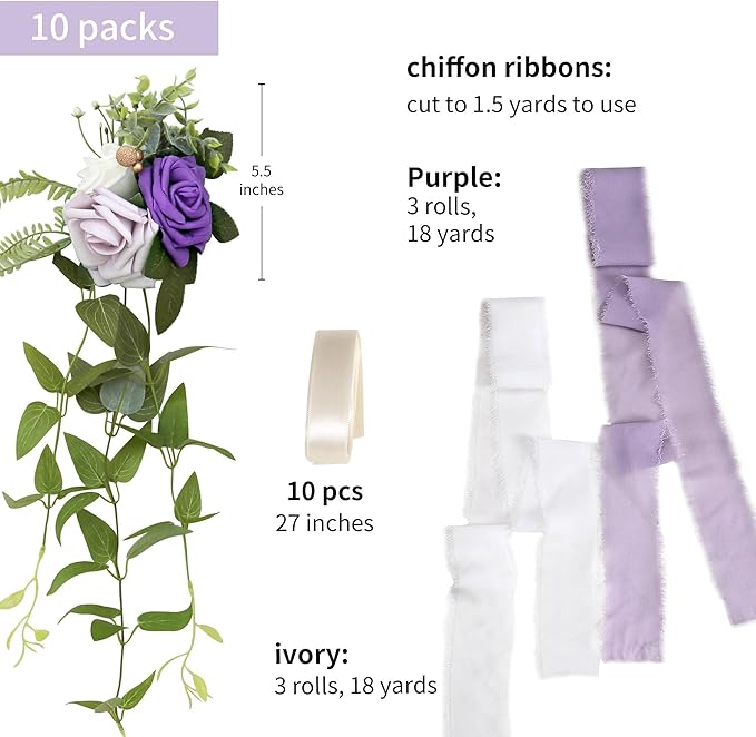 Artificial Flowers: Purple Rose Pew Flowers for Chairs, Set of 10