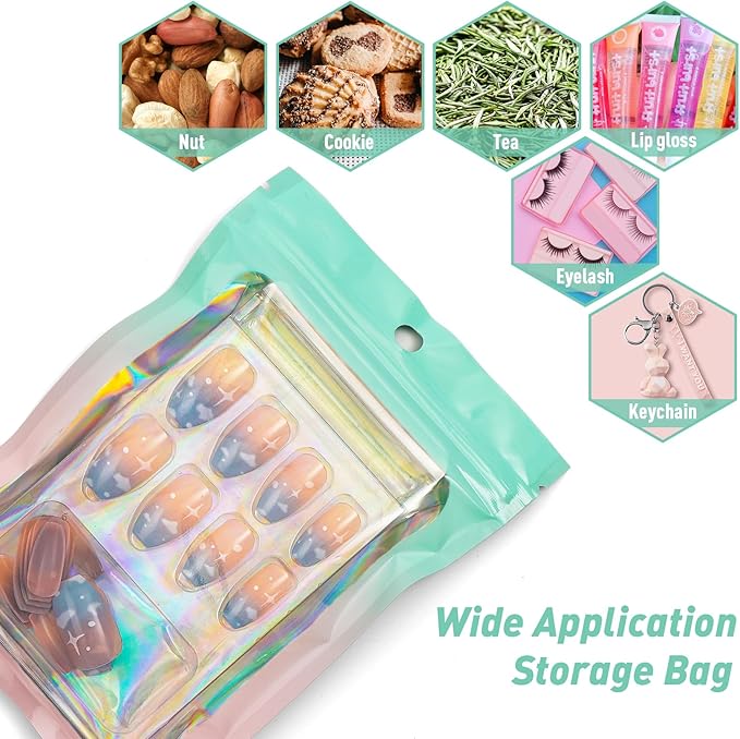 Funfery 100 Pack Gradient Holographic Bags,Mylar Resealable Bags with Zipper,Clear Window Packaging Pouchs,Smell Proof Foil Bag for Food Storage,Sample Jewelry Bag(2.7x3.9In,Green Pink)