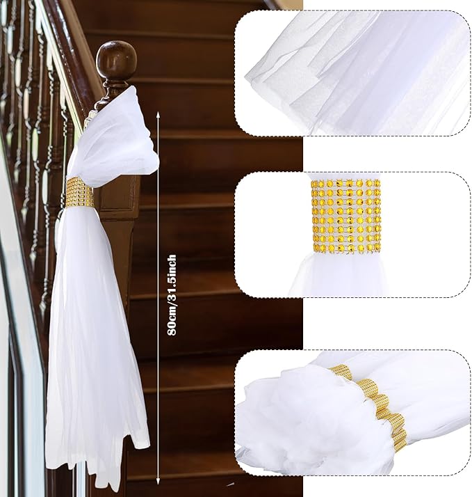 Tulle Pew Bows 24 Pack, Gold 31.5 Inch Wedding Chair Bow Decor