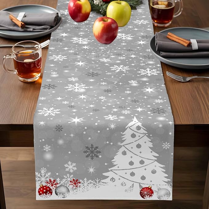 Christmas Snowflakes Cotton Linen Table Runner for Dining Kitchen, Xmas Tree Snow Winter Wedding Outdoor Party Tablerunners Decoration, Grey Balls Dresser Scarf Coffee Tablecloth Runners 13x120 Inches