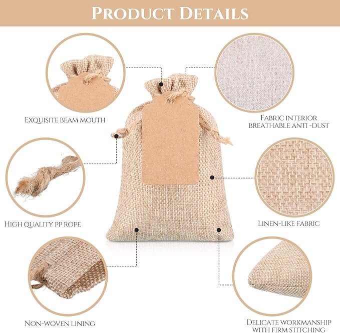 Burlap Gift Bags 100 Pack, Light Brown with Drawstring and Kraft Tags