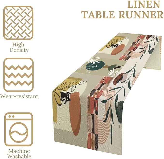 Mid Century Table Runner,Abstract Boho Plant Leaf Botanical Cat Modern Geometric Pattern Print Burlap for Hotel Indoors Outdoor Dining Room Kitchen Home Decor, 13x36in