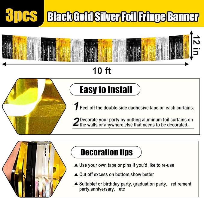 3 Pack 10 Feet Black Gold Silver Foil Fringe Garland Metallic Tinsel Streamers Banner Wall Hanging Curtain Backdrop for Parade Floats Christmas, Valentine's, Thanksgiving, Birthday Party Decorations