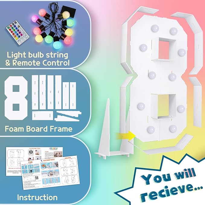 Party Decoration Marquee Number 8 Light Sign, 4 FT with Remote and Timer