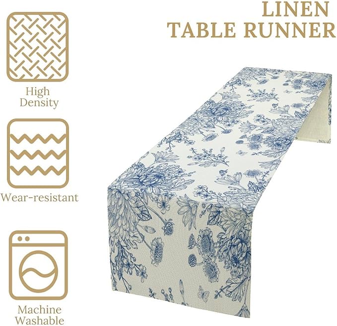 Chinoiserie Flower Table Runner, Seasonal Spring Fall Plants Blue Florals Dinner Runner for Home Kitchen Dining Table Party Holiday Decoration 13"x108"