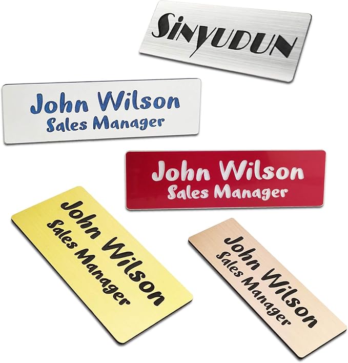 Custom Engraved Name Tag Badges for Business, Personalized Identification with Pin, Magnetic, Adhesive, or Blank Backing, 1"x3", Gold/Black Text