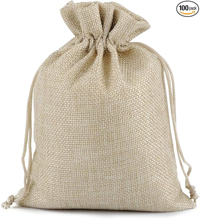 Gift Bags - Cream Burlap Drawstring Favor Bags, 7x9 Inch, Pack of 100