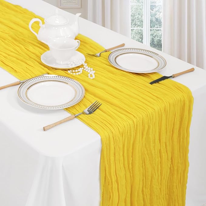 12 Pack Lemon Yellow Cheesecloth Table Runner 10ft Boho Gauze Fabric Cheese Cloth Table Runner 35 x 120 Inch Rustic Sheer for Romantic Wedding Decor Baby Shower Party Table Centerpiece Decoration