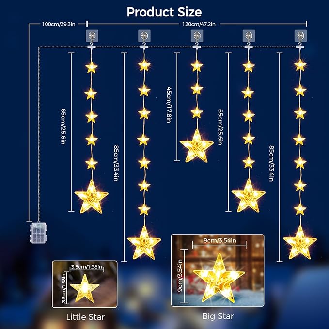 32 Stars Christmas Window Lights, IP65 Waterproof 52 LEDs Twinkle Star Fairy String Lights with 8 Modes Timer, Warm White & Multicolor, Battery Operated Hanging Xmas Star Decoration for Indoor Outdoor