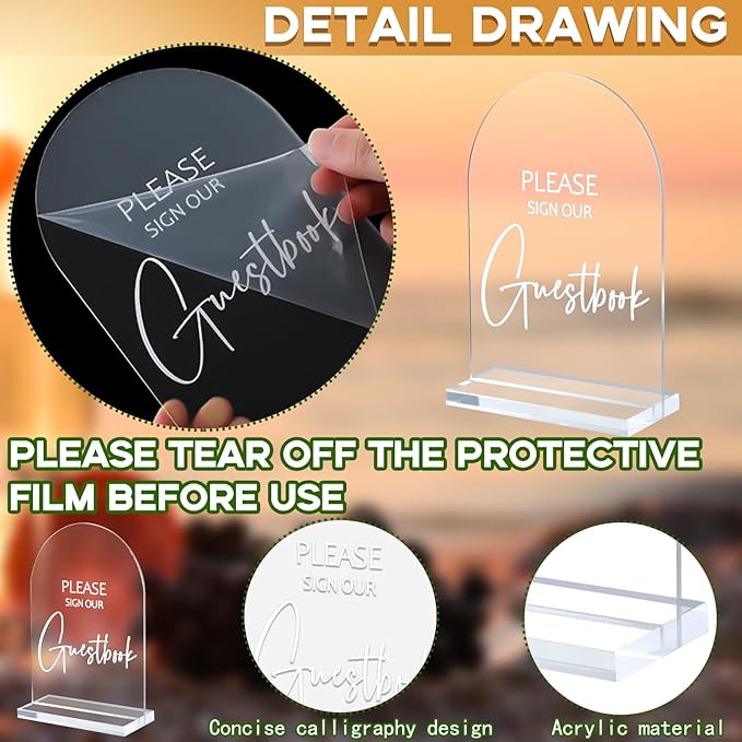 Chunful 4 Pcs Clear Acrylic Wedding Sign with Stand for Ceremony Reception 5 x 7 Guest Book Cards and Gifts In Loving Memory Favors Please Take One Table Sign for Wedding(Elegant White,Fresh Style)