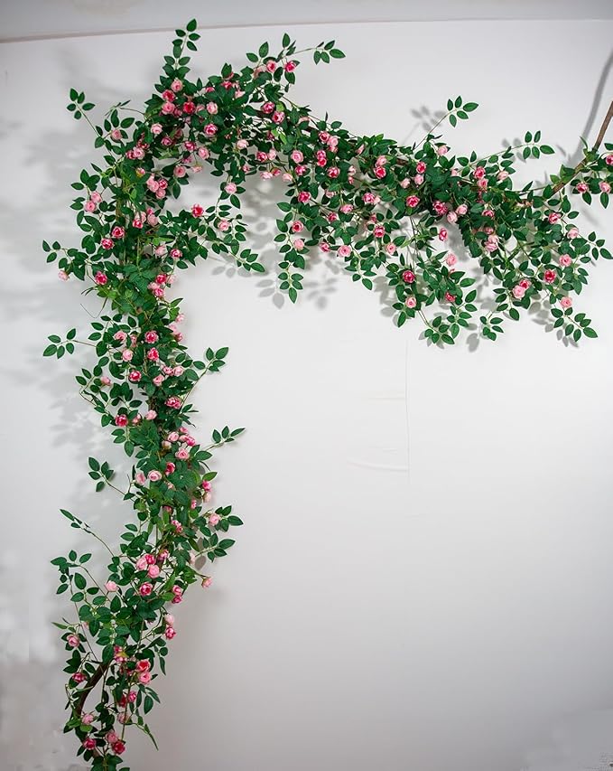 6FT Bendable Rose Vine Hanging Flower Garland Fake Floral Garland with Butterflies for Wall Decor Trellis Fence Home Room Decoration (Pink, 2pcs)