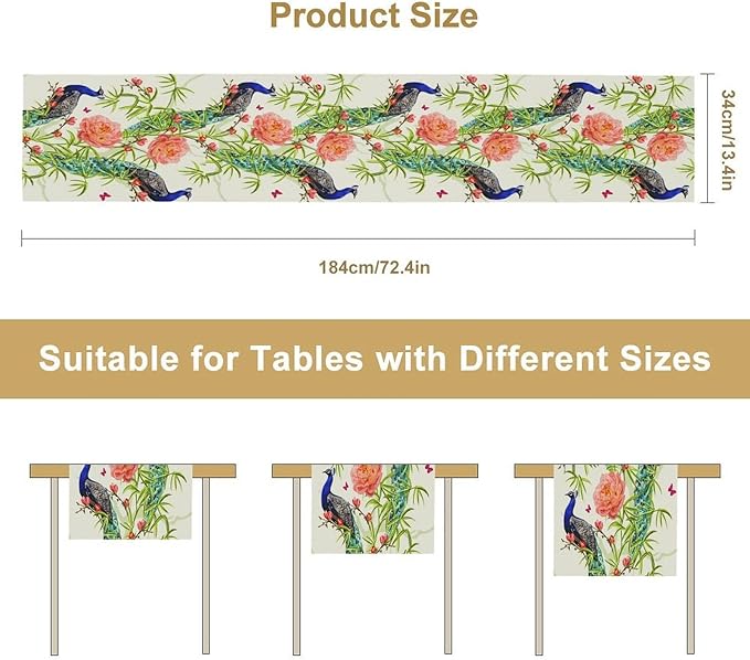 Peacock Table Runner,Seasonal Flower Plants Peacock Birds Table Runner for Home Kitchen Dining Party Indoor Outdoor Decoration 13x36 Inch