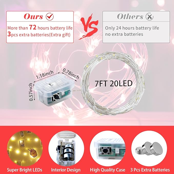 50 Pack Red Fairy Lights 7Ft 20 LED Twinkle String Lights 3 Modes Battery Operated Waterproof Firefly Starry for Mason Jar Party Wedding Christmas Valentines Day Table Centerpieces