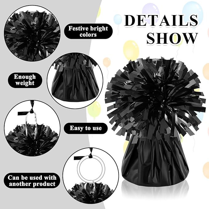 Balloon Weights 24 Pcs Black Metallic Round Anchors With Crimped Ribbon