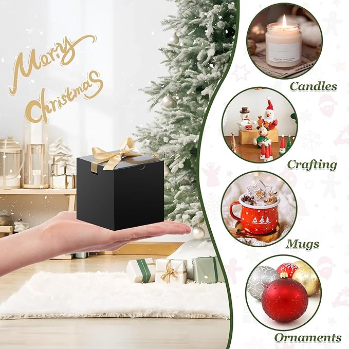 DOYIDE 60 Pcs Small Gift Boxes, 3x3x3 inches Kraft Paper Gift Box with Ribbons, Black Candy Boxes for Christmas Wedding Favors Baby Shower Bridal Shower Birthday Party