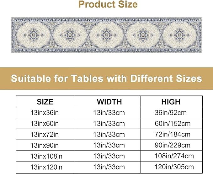 Boho Bohemia Style Table Runner, Vintage Blue Gold Retro Flower Rustic Country Style Floral Print Pattern for Home Kitchen Table Decor Dining Coffee Room Garden Party Decor 13x36in