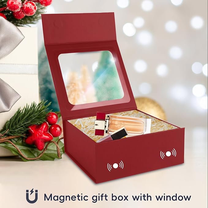 Red Gift Boxes with Window,7.5"x7.5"x3.1" Bridesmaid Boxe for Gift Giving,Birthday Gift Box with Magnetic,Closure Lid Gift Boxes for Presents,Cute Boxe,Luxury for Gift Packaging,Gift Box for Wrapping Gifts