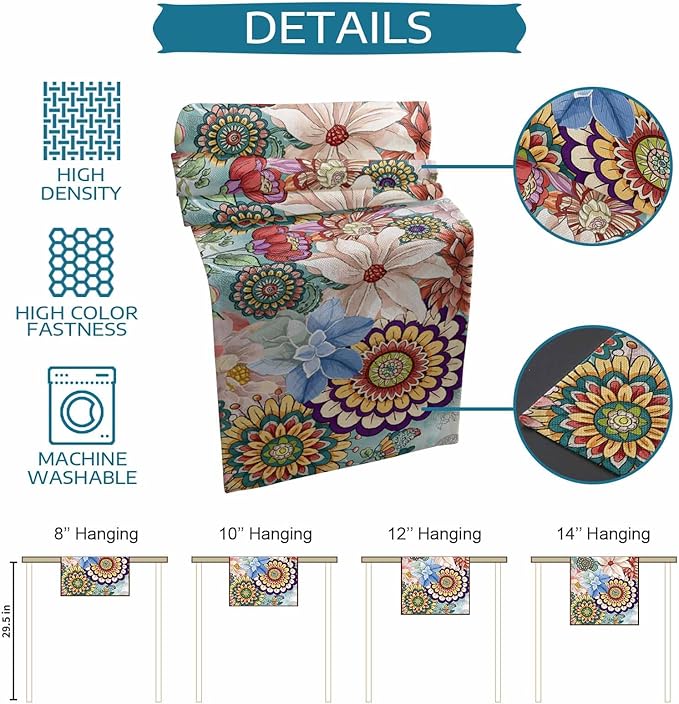 Boho Flowers Cotton Linen Table Runner for Dining Kitchen, Wedding Outdoor Party Tablerunners Decoration, Colorful Floral Farm Vintage Botanical Dresser Scarf Coffee Tablecloth Runners 13x60 Inches